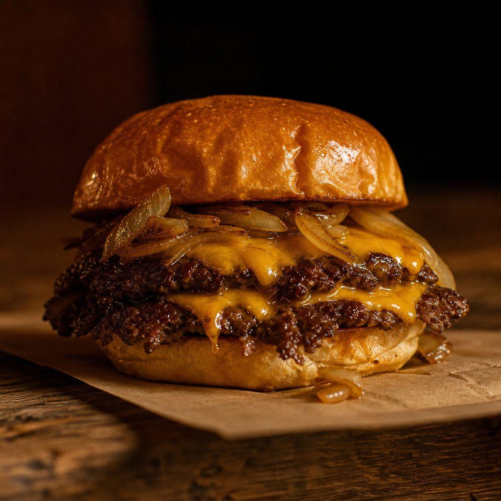 Doppelter Smash Burger mit geschmolzenem Käse und gegrillten Zwiebeln auf Kraftpapier, ohne Sauce