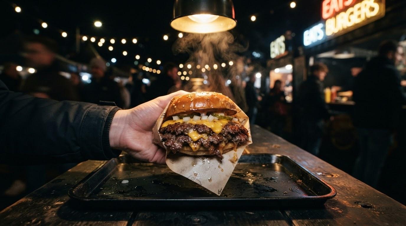 Frisch gegrillter Smashburger aus der Hand beim Abend-Event — Foodtruck Catering München