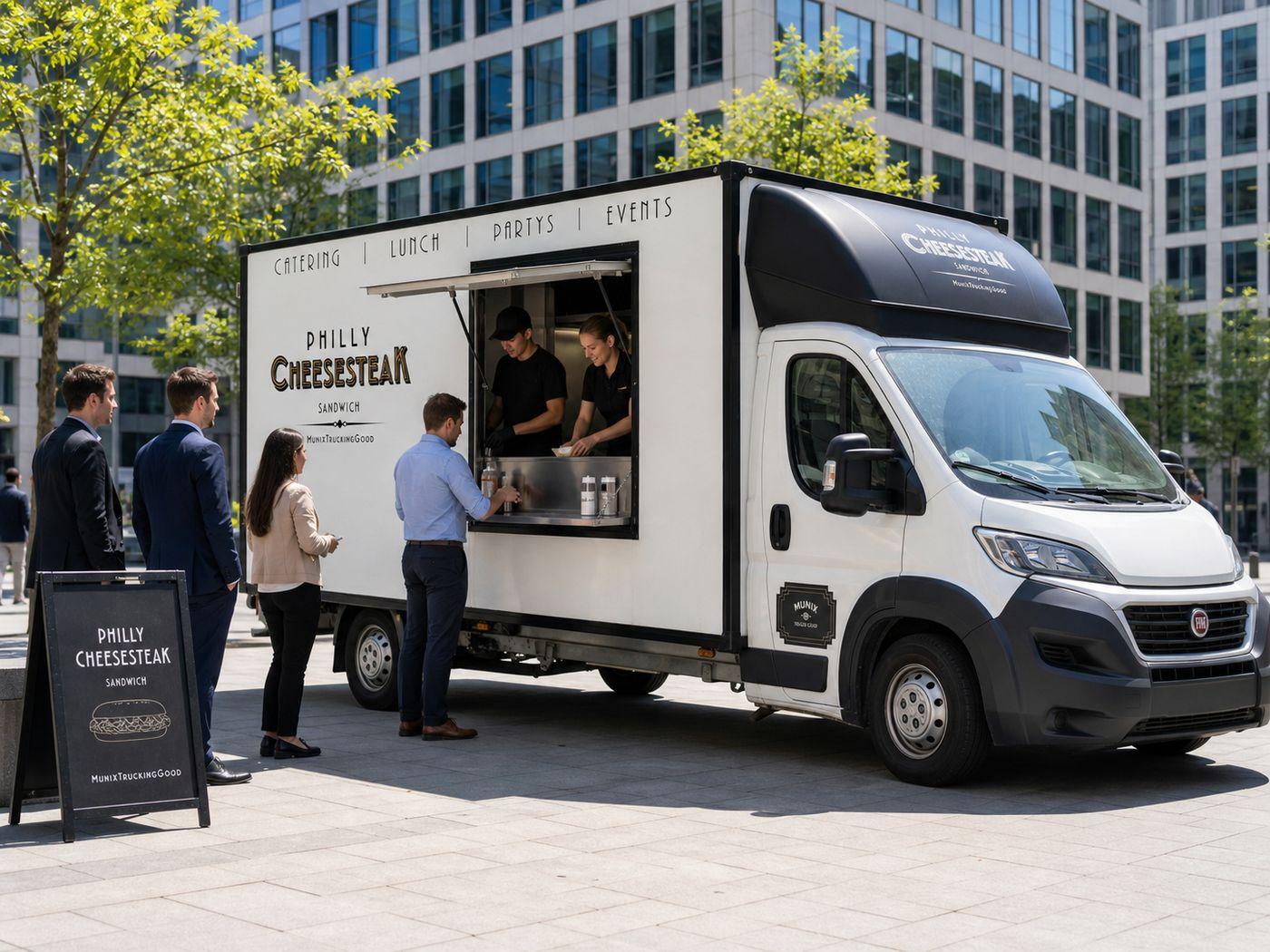Lunchtime Foodtruck Service vor Münchner Bürogebäude