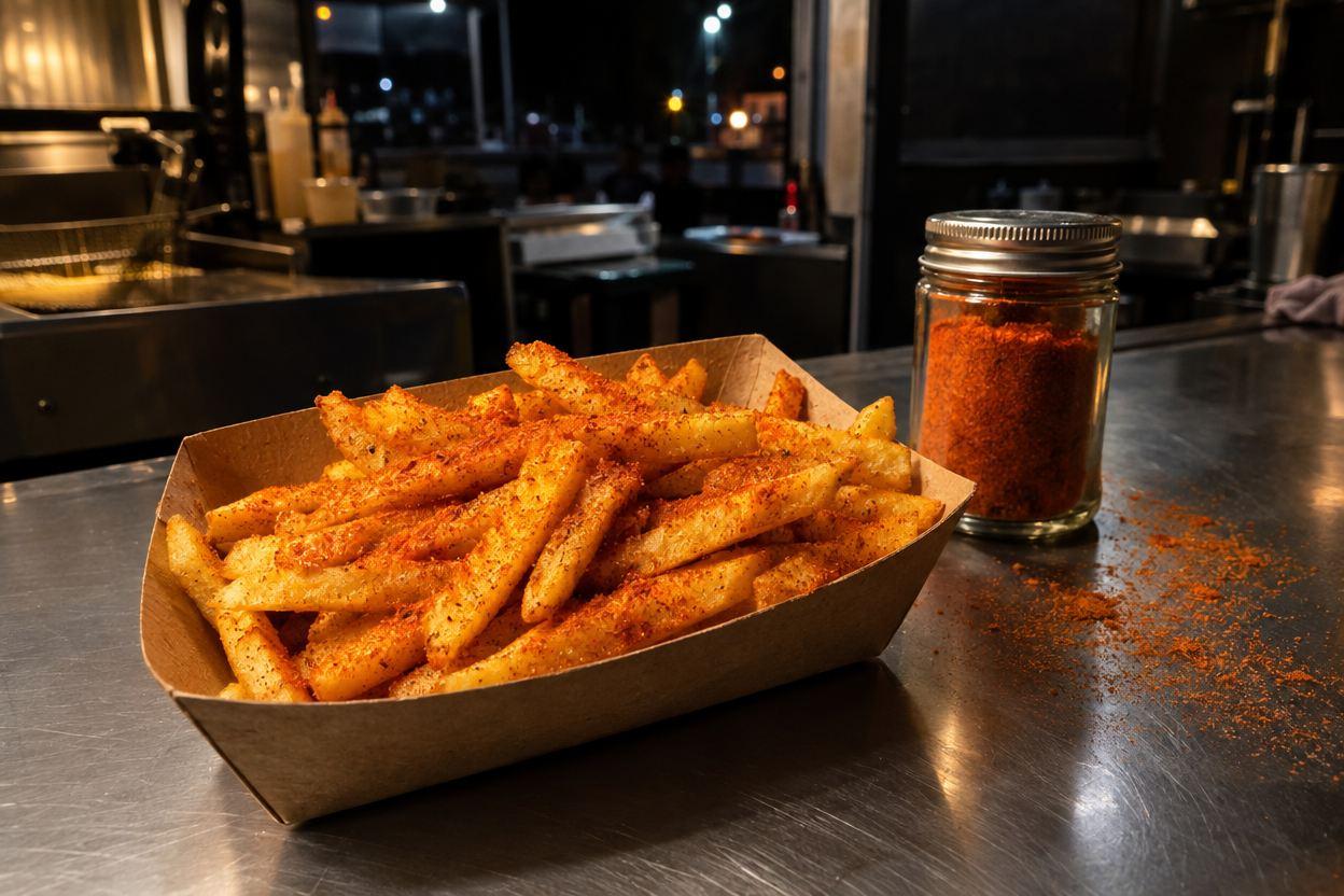 Schale mit goldgelben Pommes, von Paprika-Gewürz bestäubt, daneben ein Schraubglas mit Gewürzmischung