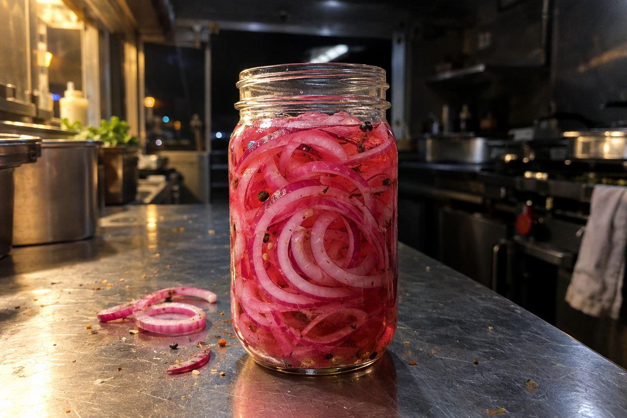 Einmachglas mit rosa eingelegten roten Zwiebelringen