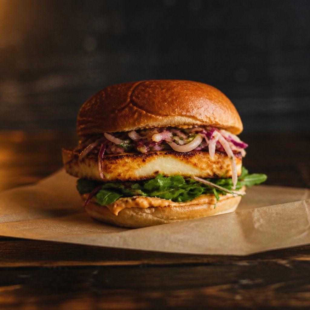 Vegetarischer Burger mit gegrilltem Halloumi, Salat und Krautsalat