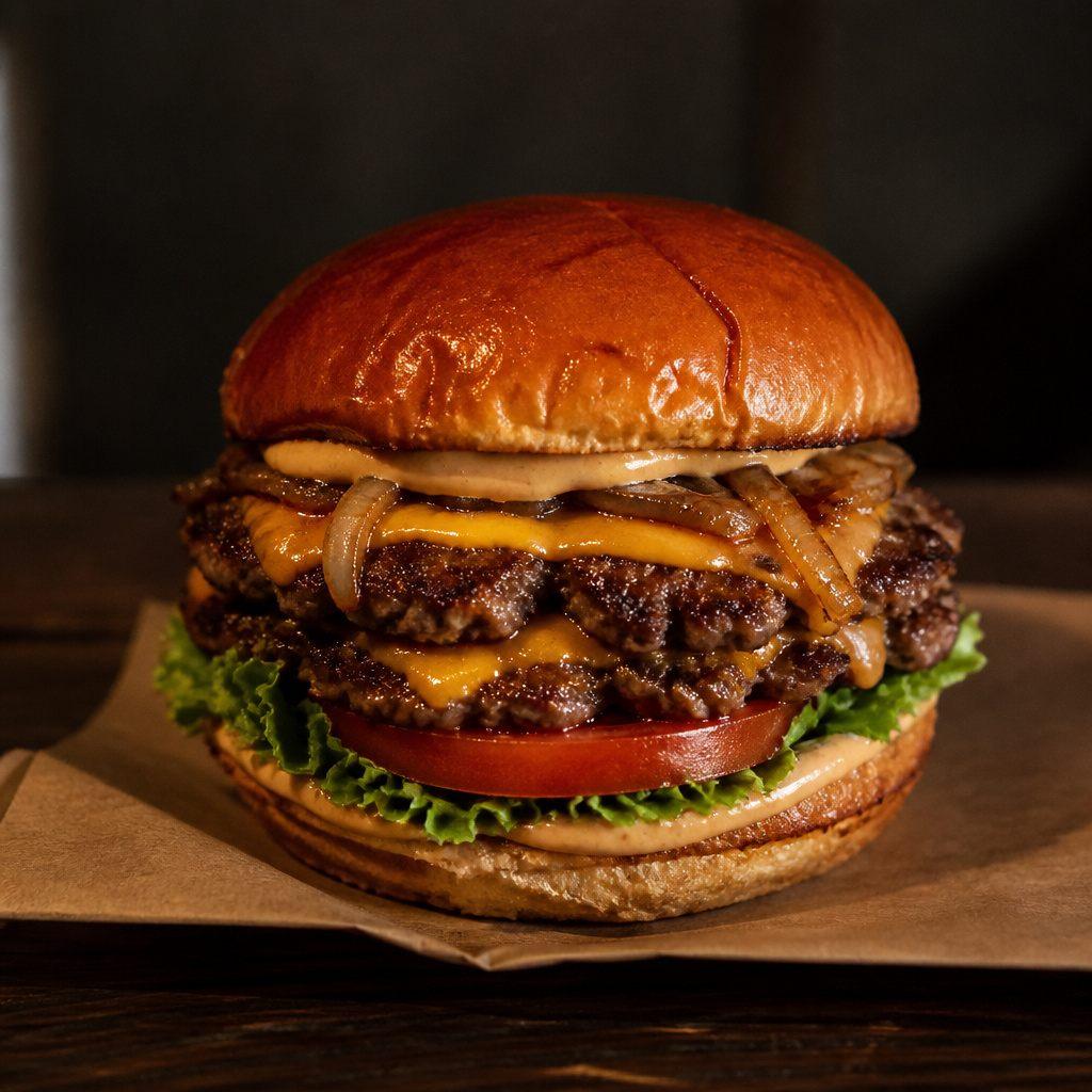 Doppelter Smash Burger mit cremiger Burger-Sauce auf Ober- und Unterseite, Tomate und Salat