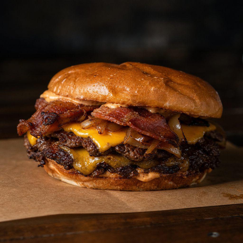 Smash Burger mit Bacon, Cheddar und Sauce