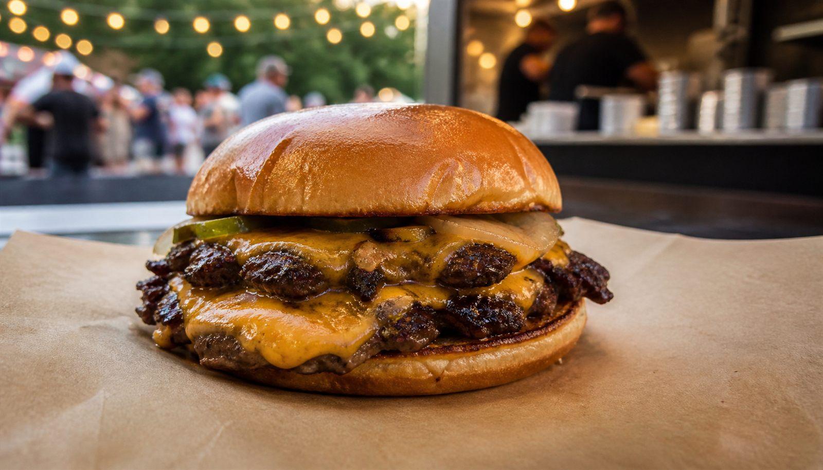 Fertiger Smash Burger mit geschmolzenem Cheddar auf Kraftpapier vor dem Foodtruck bei einem Sommerfest in München