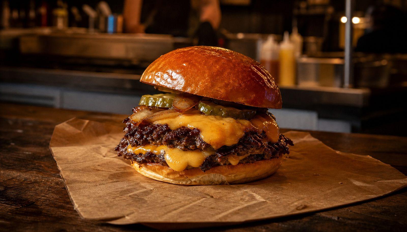 Fertiger Smash Burger mit geschmolzenem Cheddar und gegrillten Zwiebeln auf Kraftpapier