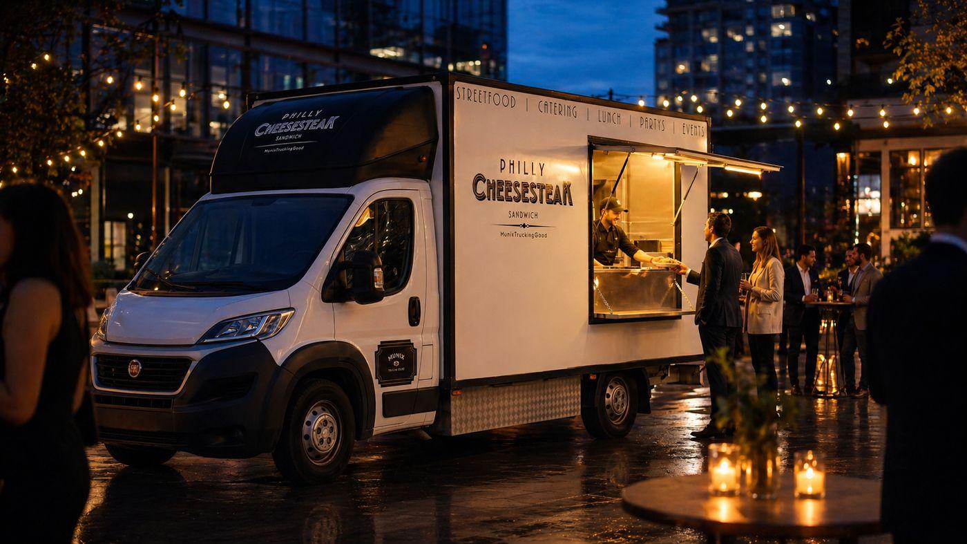 Munix Foodtruck im Abendservice bei einem Event in München — Gäste am Ausgabefenster