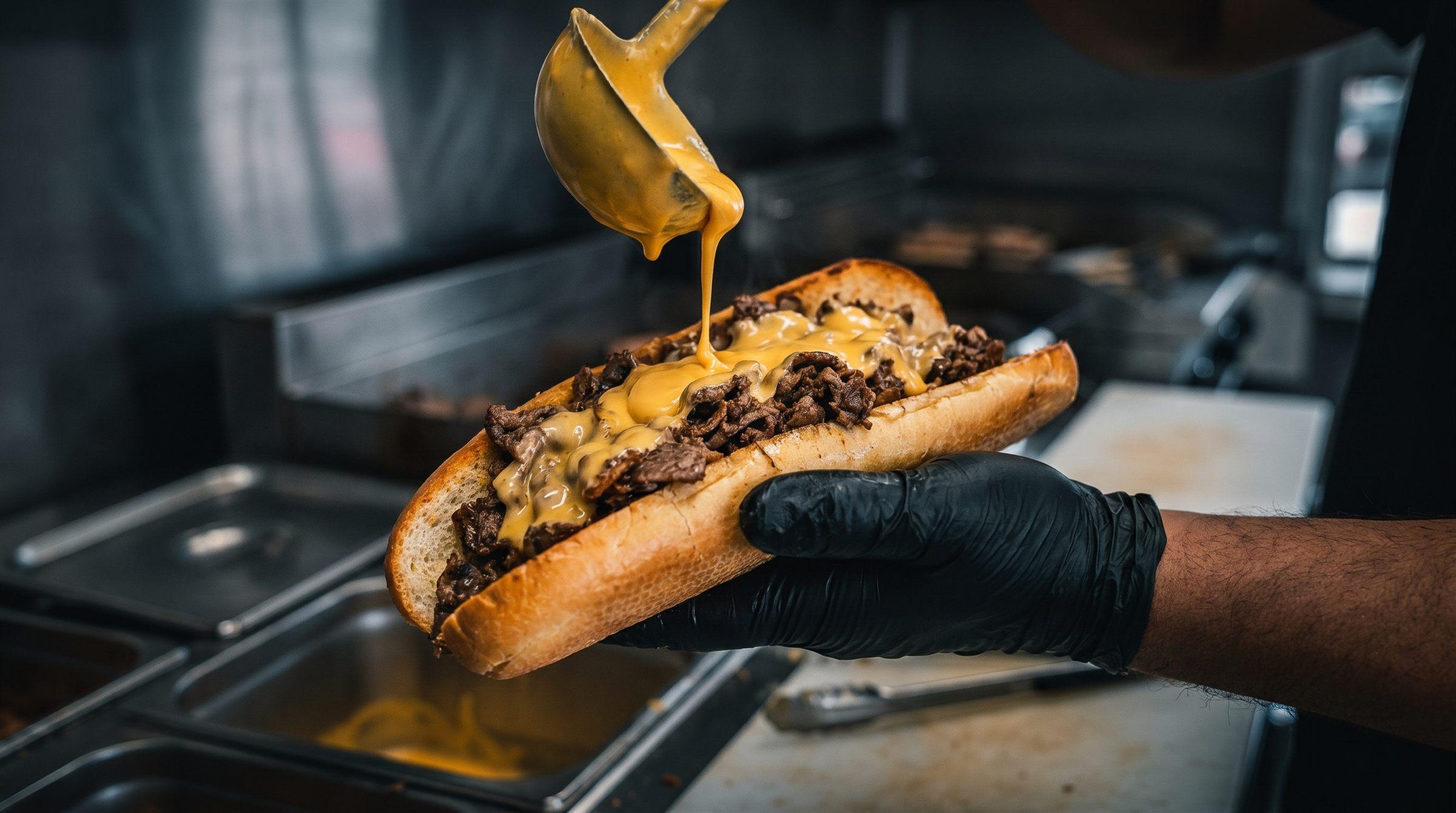 Käsesauce wird im Munix Foodtruck über frisch gebratenes Cheesesteak-Fleisch gegossen