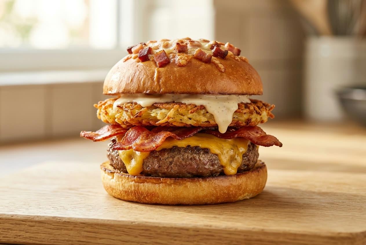 Ganzer Burger mit Rösti, heller Sauce, Bacon und Cheddar auf einem Holzbrett