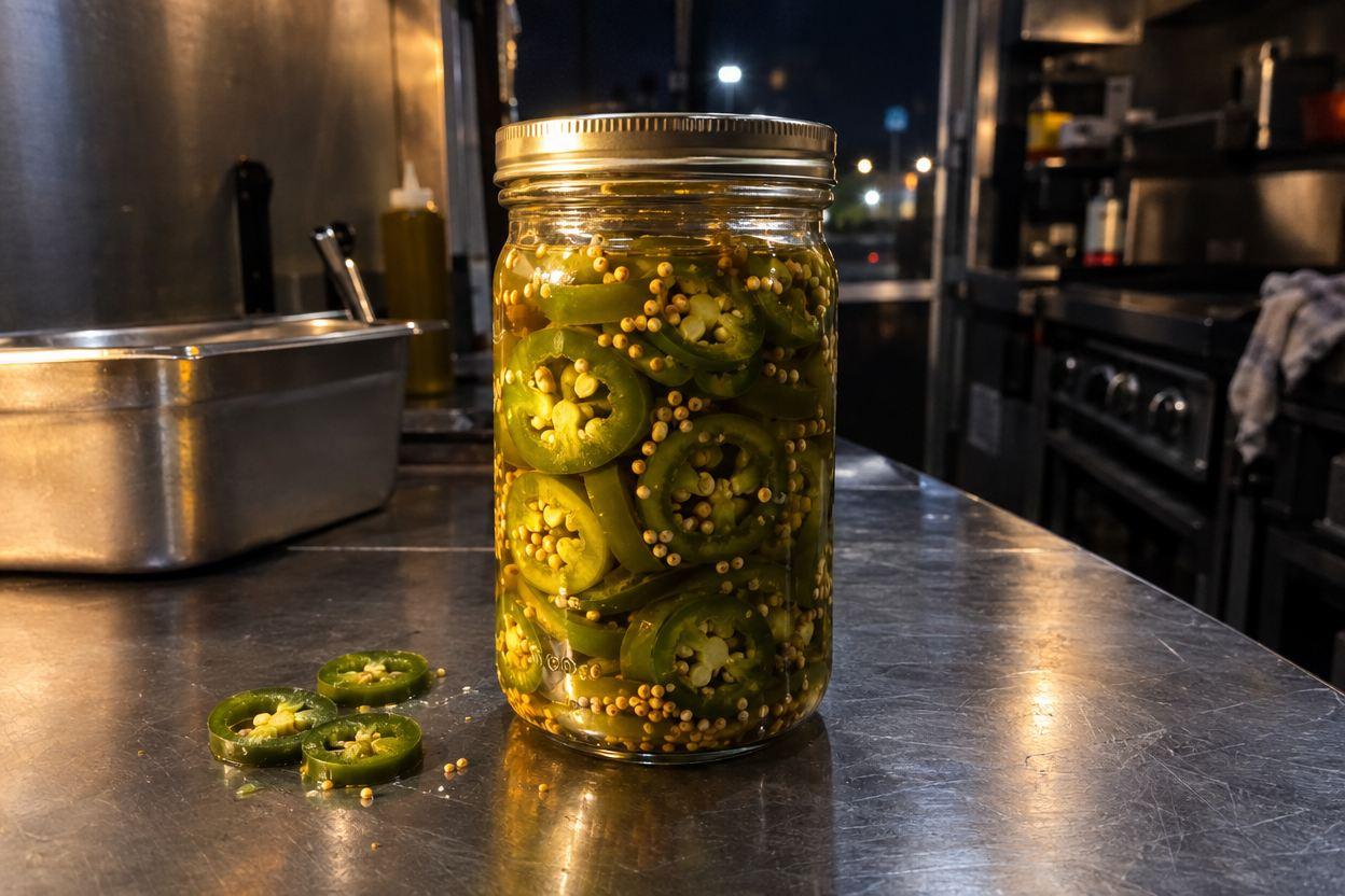 Einmachglas mit grünen Jalapeño-Scheiben und Senfkörnern im Sud