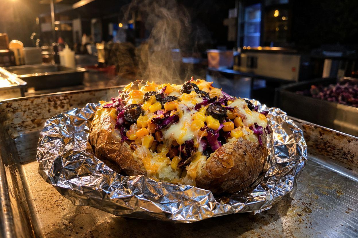 Aufgeschnittene Ofenkartoffel mit Käse, Mais, Rotkohl und Oliven