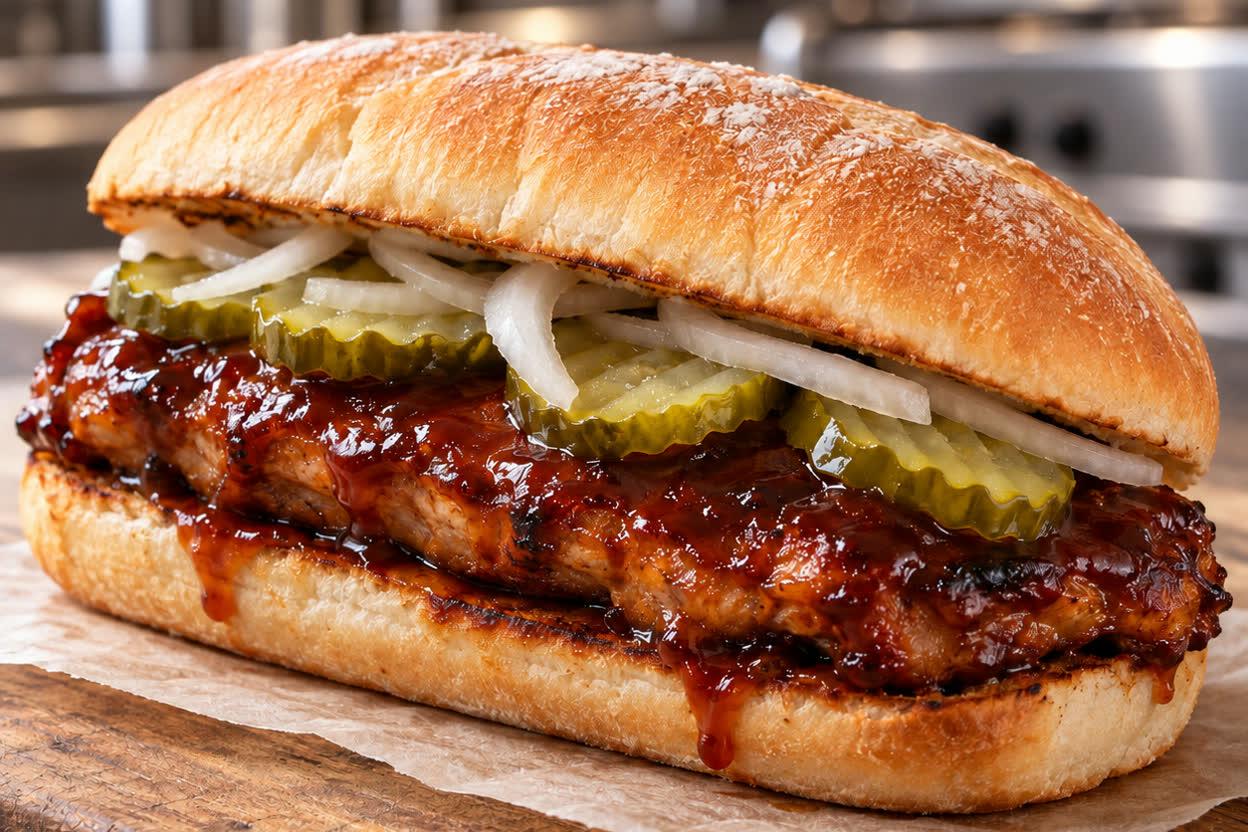 Selbstgemachtes Rippchen-Sandwich im länglichen Brötchen: gebratenes Schweine-Patty unter dicker, glänzender Barbecue-Soße, dazu Dillgurken und weiße Zwiebelstreifen auf Backpapier
