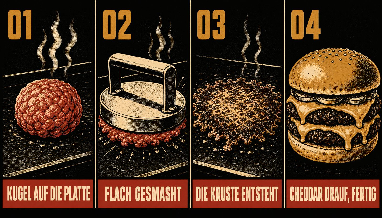 Infografik in vier Schritten: 01 Kugel auf die Platte — eine lose Kugel Rinderhack kommt auf die heiße Grillplatte. 02 Flach gesmasht — eine schwere Presse drückt sie flach. 03 Die Kruste entsteht — durch den vollen Kontakt mit der Platte karamellisiert die Fläche. 04 Cheddar drauf, fertig — der Käse schmilzt auf dem heißen Fleisch im Bun.