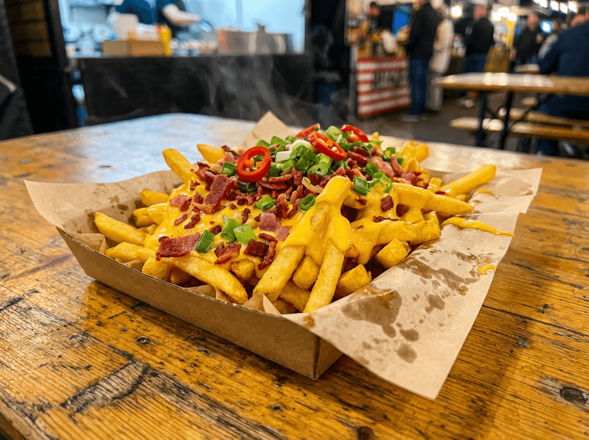 Loaded Fries mit Käsesauce und bunten Toppings
